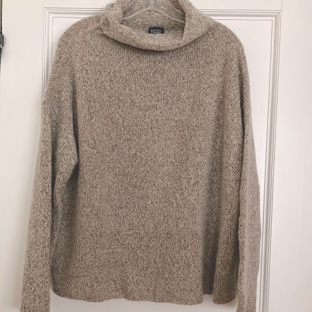 EILEEN FISHER boxy merino wool tweedy turtleneck sweater pullover Size L